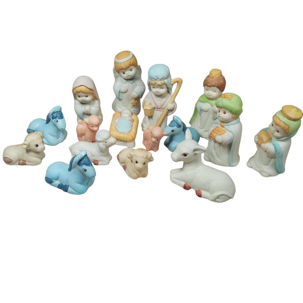 Vintage Nativity Set Christmas Holy Family 16pc Bisque Porcelain Figures Animals